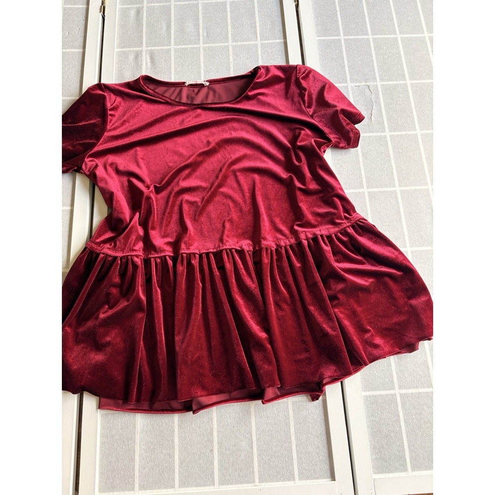Red Crushed Velvet Peplum‎ Babydoll Top Sz L Whimsical Moody Feminine